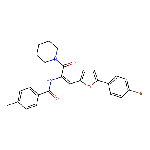 (E)-N-(1-(5-(4-bromophenyl)furan-2-yl)-3-oxo-3-(piperidin-1-yl)prop-1-en-2-yl)-4-methylbenzamide structure