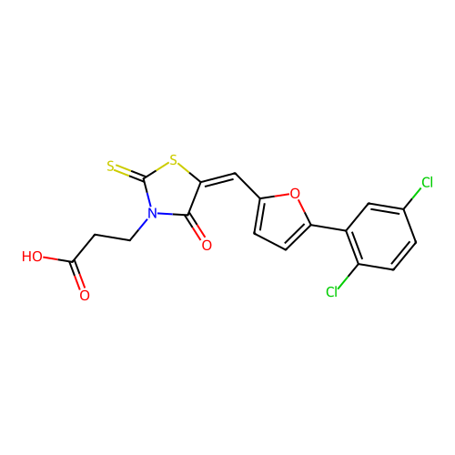 (E)-3-(5-((5-(2,5-dichlorophenyl)furan-2-yl)methylene)-4-oxo-2-thioxothiazolidin-3-yl)propanoic acid structure