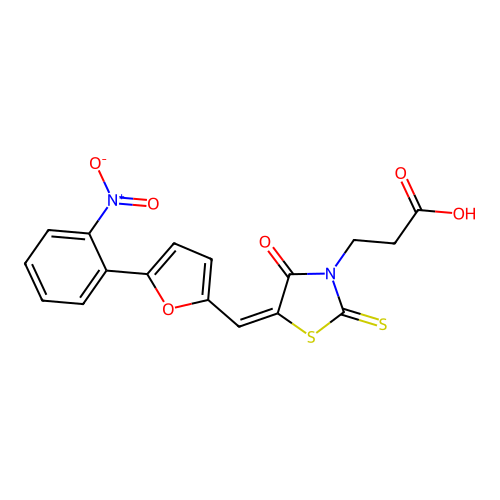 3-[(5E)-5-{[5-(2-nitrophenyl)furan-2-yl]methylidene}-4-oxo-2-thioxo-1,3-thiazolidin-3-yl]propanoic acid structure