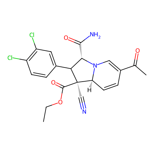 (1S,2R,3R,8aS)-ethyl 6-acetyl-3-carbamoyl-1-cyano-2-(3,4-dichlorophenyl)-1,2,3,8a-tetrahydroindolizine-1-carboxylate structure