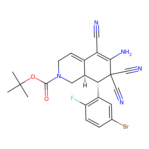 tert-butyl (8R,8aR)-6-amino-8-(5-bromo-2-fluorophenyl)-5,7,7-tricyano-1,3,8,8a-tetrahydroisoquinoline-2-carboxylate structure