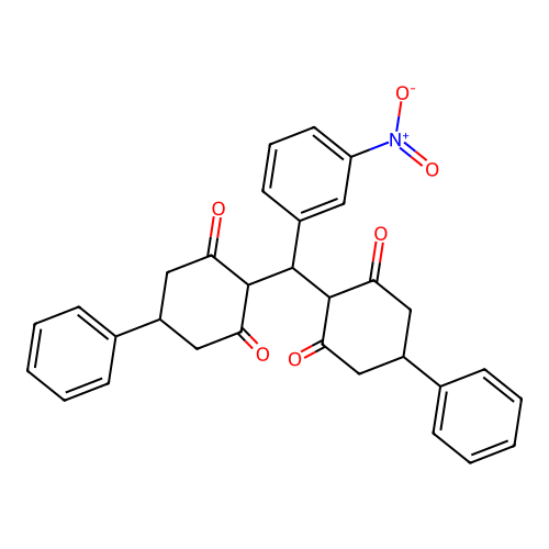 2,2'-[(3-Nitrophenyl)methanediyl]bis(5-phenylcyclohexane-1,3-dione) structure