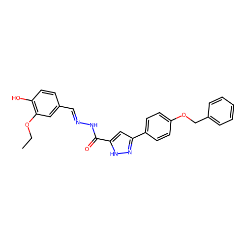N-[(3-ethoxy-4-hydroxyphenyl)methylideneamino]-3-(4-phenylmethoxyphenyl)-1H-pyrazole-5-carboxamide structure