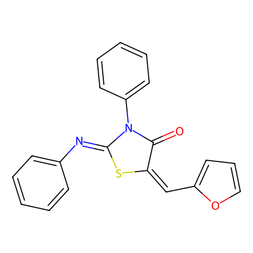 (2E,5E)-5-(furan-2-ylmethylene)-3-phenyl-2-(phenylimino)thiazolidin-4-one structure