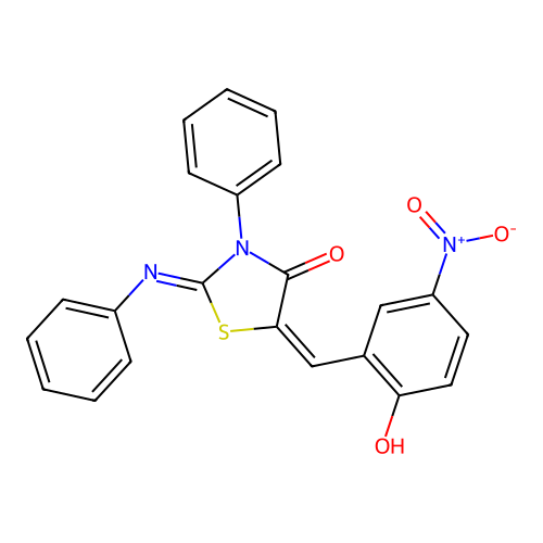 (2E,5E)-5-(2-hydroxy-5-nitrobenzylidene)-3-phenyl-2-(phenylimino)-1,3-thiazolidin-4-one structure