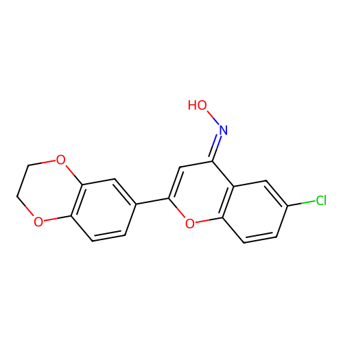 (E)-6-chloro-2-(2,3-dihydrobenzo[b][1,4]dioxin-6-yl)-4H-chromen-4-one oxime structure