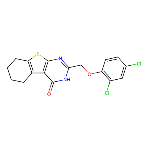 2-[(2,4-dichlorophenoxy)methyl]-3,5,6,7,8-pentahydrobenzo[b]thiopheno[2,3-d]py rimidin-4-one structure