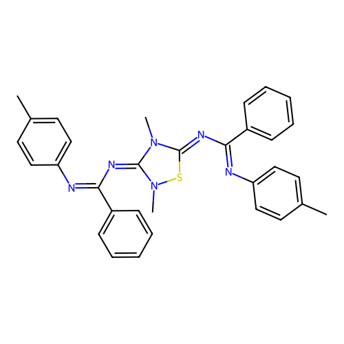 (1E,1'E,N,N'Z,N,N'Z)-N,N'-(2,4-dimethyl-1,2,4-thiadiazolidine-3,5-diylidene)bis(N'-(p-tolyl)benzimidamide) structure