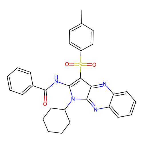 N-(1-cyclohexyl-3-tosyl-1H-pyrrolo[2,3-b]quinoxalin-2-yl)benzamide structure