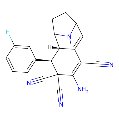 (2S,3R)-5-Amino-3-(3-fluoro-phenyl)-12-methyl-12-aza-tricyclo[7.2.1.0*2,7*]dodeca-5,7-diene-4,4,6-tri carbonitrile structure
