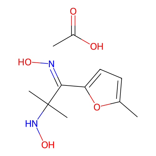 (E)-2-(hydroxyamino)-2-methyl-1-(5-methylfuran-2-yl)propan-1-one oxime acetate structure