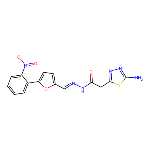(E)-2-(5-amino-1,3,4-thiadiazol-2-yl)-N'-((5-(2-nitrophenyl)furan-2-yl)methylene)acetohydrazide structure