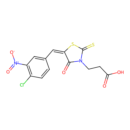 (E)-3-(5-(4-chloro-3-nitrobenzylidene)-4-oxo-2-thioxothiazolidin-3-yl)propanoic acid structure