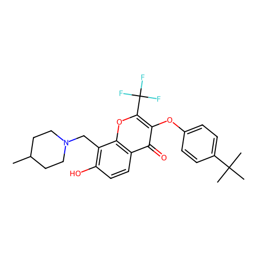 3-(4-tert-butylphenoxy)-7-hydroxy-8-[(4-methylpiperidin-1-yl)methyl]-2-(trifluoromethyl)chromen-4-one structure