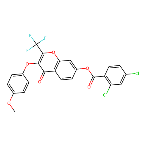 3-(4-methoxyphenoxy)-4-oxo-2-(trifluoromethyl)-4H-chromen-7-yl 2,4-dichlorobenzoate structure