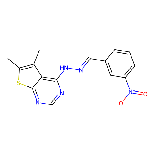 5,6-dimethyl-4-[(2E)-2-(3-nitrobenzylidene)hydrazinyl]thieno[2,3-d]pyrimidine structure