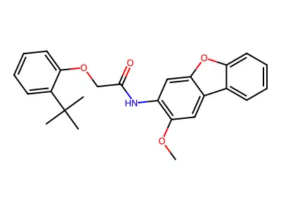 2-(2-tert-butylphenoxy)-N-(2-methoxydibenzofuran-3-yl)acetamide structure