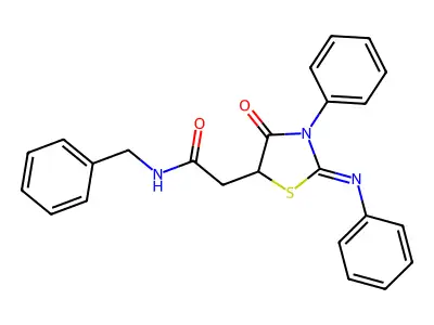 (Z)-N-benzyl-2-(4-oxo-3-phenyl-2-(phenylimino)thiazolidin-5-yl)acetamide structure