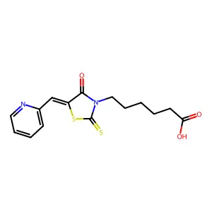 6-[4-Oxo-5-(2-pyridylmethylene)-2-thioxo-1,3-thiazolidin-3-yl]hexanoic acid structure