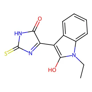 (3Z)-1-ethyl-3-(5-oxo-2-thioxoimidazolidin-4-ylidene)-1,3-dihydro-2H-indol-2-one structure