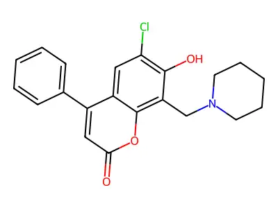 6-chloro-7-hydroxy-4-phenyl-8-(piperidin-1-ylmethyl)-2H-chromen-2-one structure