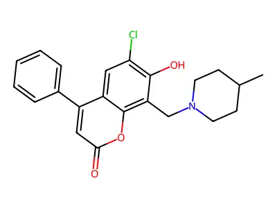 6-chloro-7-hydroxy-8-[(4-methylpiperidino)methyl]-4-phenyl-2H-chromen-2-one structure