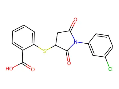 2-{[1-(3-Chlorophenyl)-2,5-dioxopyrrolidin-3-yl]sulfanyl}benzoic acid structure