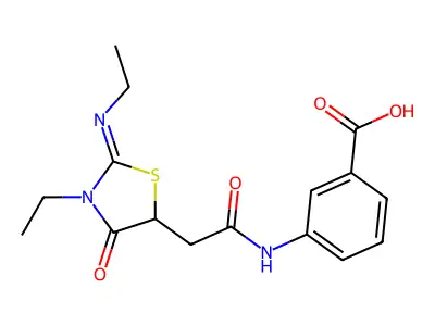 (Z)-3-(2-(3-ethyl-2-(ethylimino)-4-oxothiazolidin-5-yl)acetamido)benzoic acid structure