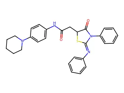 2-[(2Z)-4-oxo-3-phenyl-2-(phenylimino)-1,3-thiazolidin-5-yl]-N-[4-(piperidin-1-yl)phenyl]acetamide structure