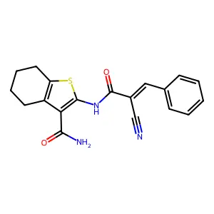 2((2-Cyano-3-PH-acryloyl)amino)4,5,6,7-tetrahydro-1-benzothiophene-3-carboxamide structure