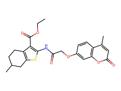 ethyl 6-methyl-2-(2-((4-methyl-2-oxo-2H-chromen-7-yl)oxy)acetamido)-4,5,6,7-tetrahydrobenzo[b]thiophene-3-carboxylate structure