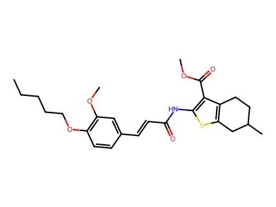 methyl 2-({(2E)-3-[3-methoxy-4-(pentyloxy)phenyl]prop-2-enoyl}amino)-6-methyl-4,5,6,7-tetrahydro-1-benzothiophene-3-carboxylate structure