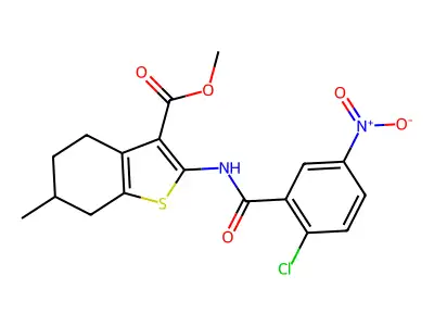 methyl 2-[(2-chloro-5-nitrobenzoyl)amino]-6-methyl-4,5,6,7-tetrahydro-1-benzothiophene-3-carboxylate structure