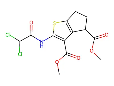 dimethyl 2-[(dichloroacetyl)amino]-5,6-dihydro-4H-cyclopenta[b]thiophene-3,4-dicarboxylate structure