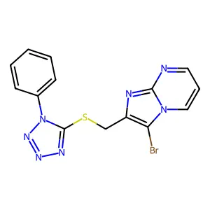 3-bromo-2-{[(1-phenyl-1H-tetrazol-5-yl)sulfanyl]methyl}imidazo[1,2-a]pyrimidine structure