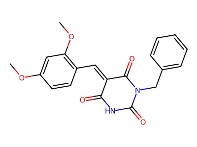 (E)-1-benzyl-5-(2,4-dimethoxybenzylidene)pyrimidine-2,4,6(1H,3H,5H)-trione structure