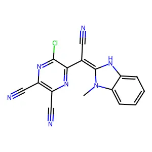 5-chloro-6-[(E)-cyano-(3-methyl-1H-benzimidazol-2-ylidene)methyl]pyrazine-2,3-dicarbonitrile structure