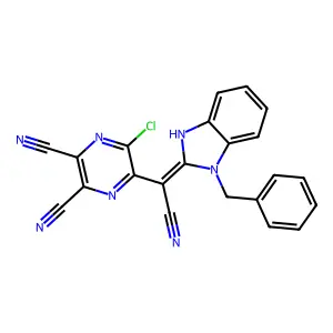 5-[(Z)-(3-benzyl-1H-benzimidazol-2-ylidene)-cyanomethyl]-6-chloropyrazine-2,3-dicarbonitrile structure