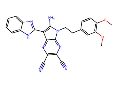 6-amino-7-(1H-benzimidazol-2-yl)-5-[2-(3,4-dimethoxyphenyl)ethyl]pyrrolo[2,3-b]pyrazine-2,3-dicarbonitrile structure