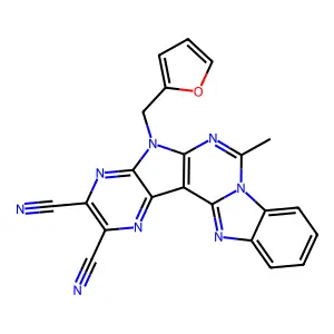 5-(furan-2-ylmethyl)-7-methyl-5H-pyrazino[2'',3'':4',5']pyrrolo[2',3':4,5]pyrimido[1,6-a]benzimidazole-2,3-dicarbonitrile structure