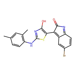 (3Z)-5-bromo-3-{(2Z)-2-[(2,4-dimethylphenyl)imino]-4-oxo-1,3-thiazolidin-5-ylidene}-1,3-dihydro-2H-indol-2-one structure