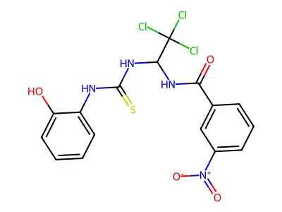 3-nitro-N-(2,2,2-trichloro-1-{[(2-hydroxyphenyl)carbamothioyl]amino}ethyl)benzamide structure