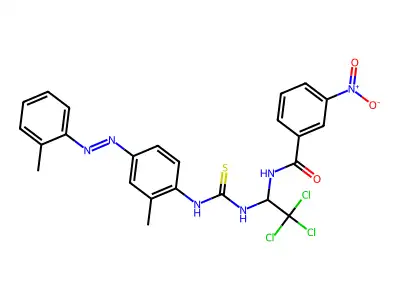 (E)-3-nitro-N-(2,2,2-trichloro-1-(3-(2-methyl-4-(o-tolyldiazenyl)phenyl)thioureido)ethyl)benzamide structure