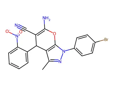 6-Amino-1-(4-bromophenyl)-3-methyl-4-(2-nitrophenyl)-1,4-dihydropyrano[2,3-c]pyrazole-5-carbonitrile structure