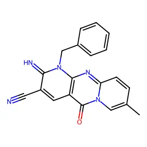 1-benzyl-2-imino-8-methyl-5-oxo-1,5-dihydro-2H-dipyrido[1,2-a:2',3'-d]pyrimidine-3-carbonitrile structure