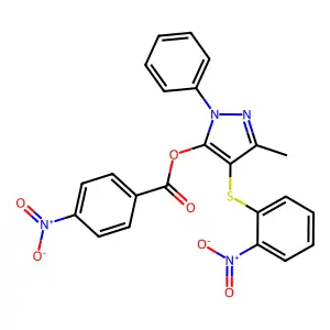3-methyl-4-((2-nitrophenyl)thio)-1-phenyl-1H-pyrazol-5-yl 4-nitrobenzoate structure