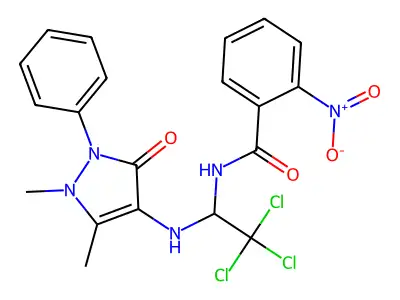 2-nitro-N-[2,2,2-trichloro-1-[(1,5-dimethyl-3-oxo-2-phenylpyrazol-4-yl)amino]ethyl]benzamide structure
