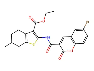 ethyl 2-{[(6-bromo-2-oxo-2H-chromen-3-yl)carbonyl]amino}-6-methyl-4,5,6,7-tetrahydro-1-benzothiophene-3-carboxylate structure