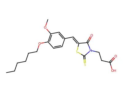 3-{(5Z)-5-[4-(hexyloxy)-3-methoxybenzylidene]-4-oxo-2-thioxo-1,3-thiazolidin-3-yl}propanoic acid structure