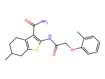 6-methyl-2-{[(2-methylphenoxy)acetyl]amino}-4,5,6,7-tetrahydro-1-benzothiophene-3-carboxamide structure
